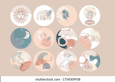 Collection of Abstract various vector highlight covers with antique sculpture and elements, abstract shapes, marble for social media stories. Editable vector illustration