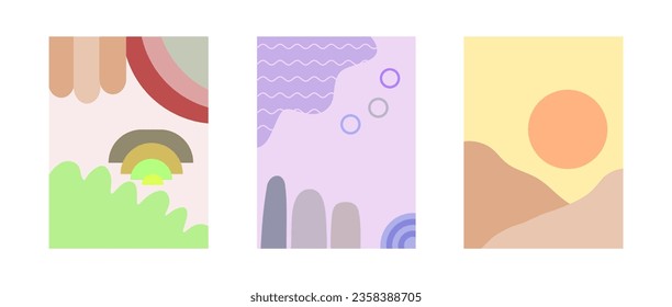 A collection of abstract vector designs and mountain scenes.