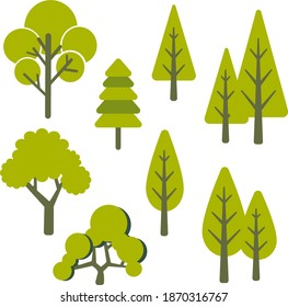 Colección de la visión abstracta vectorial verde de árbol lateral aislada en fondo blanco para el plano de paisaje y diseño de arquitectura, elementos para el medio ambiente y el jardín, ilustración de hierba verde