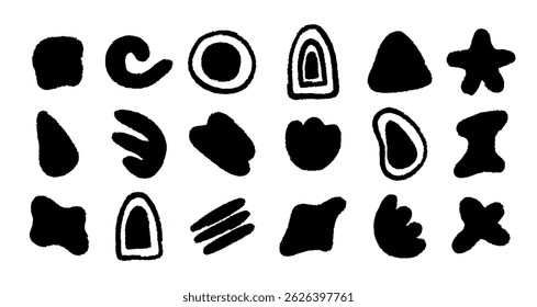 Collection of abstract vector hand drawn shapes in black. Organic, irregular forms with rough textural dirty edges. For modern design, branding, posters, backgrounds and collage compositions.