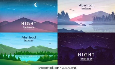 Collection abstract vector landscapes. Night, day, evening and morning. Design for wallpaper, banner, greeting, touristic or busyness card. 