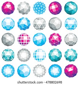 Collection of abstract vector low poly objects with lines and dots connected. Set of futuristic balls with overlapping lines mesh and geometric figures. 3d shapes can be used in technical modeling.