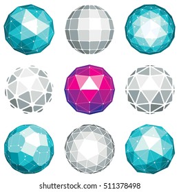Collection of abstract vector low poly objects with lines and dots connected. Set of futuristic balls with overlapping lines mesh and geometric figures. 3d shapes can be used in technical modeling.