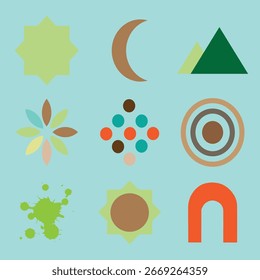Coleção de formas vetoriais abstratas e símbolos, incluindo estrelas, luas, motivos florais, padrões geométricos e splash colorido