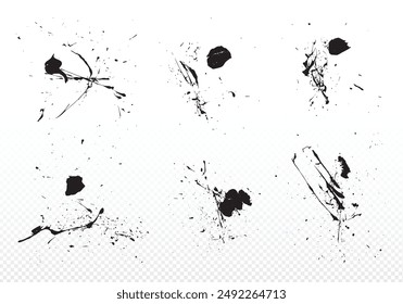 Colección de salpicaduras de Vector Abstractas, manchas, puntos en estilo Grunge. Conjunto de superposiciones de textura. Rasguños, líneas, texturas aisladas sobre fondo transparente. Fondos abstractos monocromos.