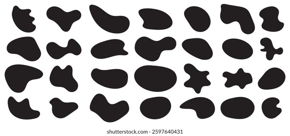  Collection of abstract vector stains for your design. Doodle drops of circle. Organic amoeba blob shape abstract black color with line vector illustration isolated on transparent background.