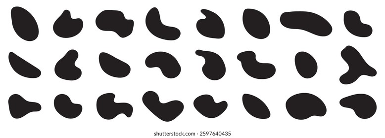 Collection of abstract vector stains for your design. Doodle drops of circle. Organic amoeba blob shape abstract black color with line vector illustration isolated on transparent background.
