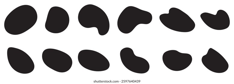  Collection of abstract vector stains for your design. Doodle drops of circle. Organic amoeba blob shape abstract black color with line vector illustration isolated on transparent background.