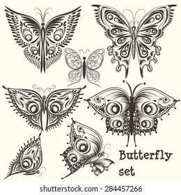 Collection of abstract vector swirl butterflies for design.Engraved butterflies from filigree floral ornaments for use in patterns, wallpaper, fabric and other