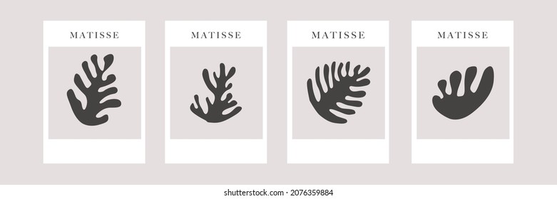 Colección de afiches abstractos de arte vertical. Conjunto de arte mural contemporáneo. Formas botánicas de estilo collage inspiradas en Matisse floral. Ilustración vectorial.