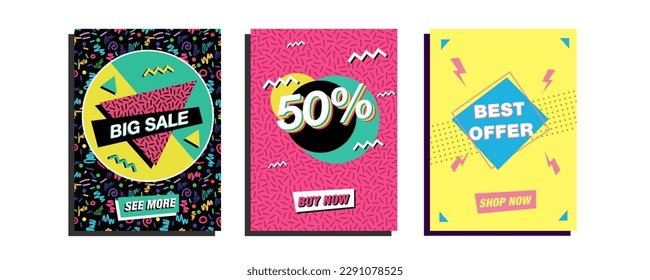 Collection of abstract vinatge illustrations. Set of graphics for flyers, poster, banners web. Discount, Sale, Black Friday, Clearance vector templates in 90's retro nostalgia style	