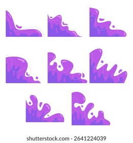Collection of abstract violet liquid shape corner design elements. Set of different fluid and curvy shapes for decorative design purposes. Simple and modern decoration for presentations.