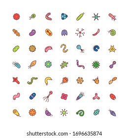 Collection of abstract viruses and bacterias. Set of cartoon icons isolated on white background. 
