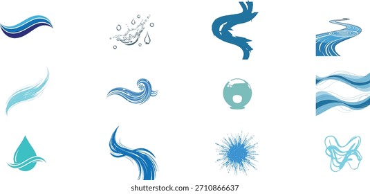 Collection of abstract water splash and wave vector illustrations on white background