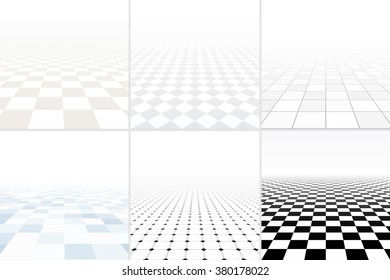 Collection of abstract white backgrounds with perspective. Tiled floor concept.