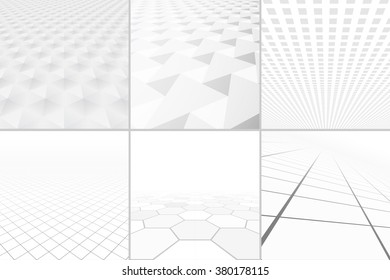 Collection of abstract white backgrounds with perspective.