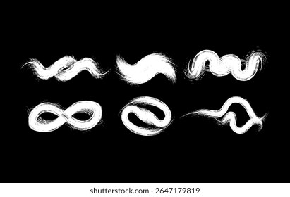 A collection of abstract white brush strokes on black background, featuring dynamic wave, curves, circular swirls, and edgy free flowing form