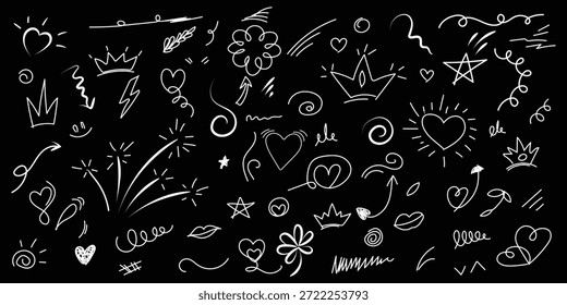 Collection of abstract white hand drawn doodle elements including sparkling hearts crowns arrows stars swirls and various decorative flourishes scattered across a seamless black background perfect for modern graphic accents.