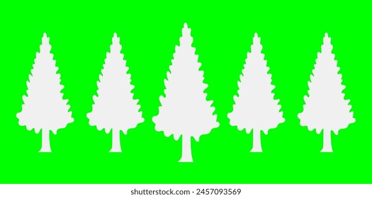 Collection Of Abstract White Trees On Green Screen, Cartoon Style Trees Silhouette Vector Illustration.