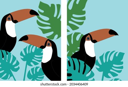 Collection of abstractions with a bird (toucan) and tropical plants (monstera leaves) on a blue background