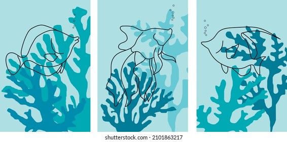 Collection of abstractions with fishes (sketch) and corals against colored background