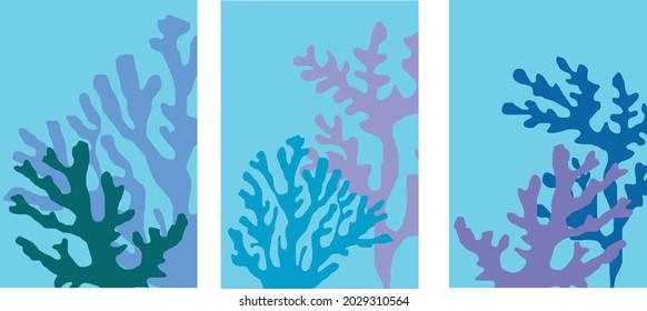 A collection of abstractions in the marine theme: colored corals on the seabed on a blue background
