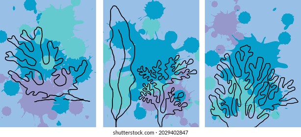 A collection of abstractions in the marine theme: linear minimalistic corals on a background of colored blots