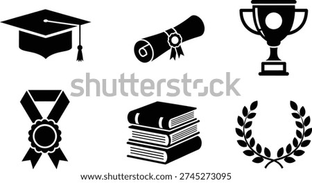 A collection of academic and achievement icons including a graduation cap diploma books and awards representing success and learning