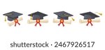 Collection of academic graduation caps and diploma scrolls in different positions on a white background. Traditional graduation ceremony symbols: diploma with ribbon and academic hat.