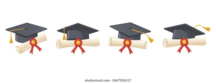 Collection of academic graduation caps and diploma scrolls in different positions on a white background. Traditional graduation ceremony symbols: diploma with ribbon and academic hat.