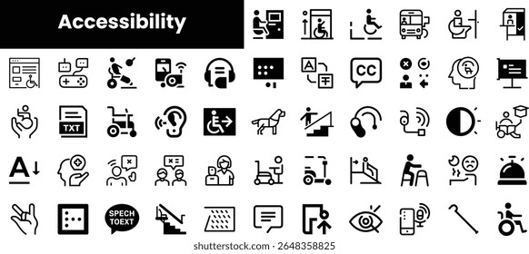 A collection of accessibility-related icons featuring diverse symbols for different assistive technologies and services to support inclusivity in various environments.