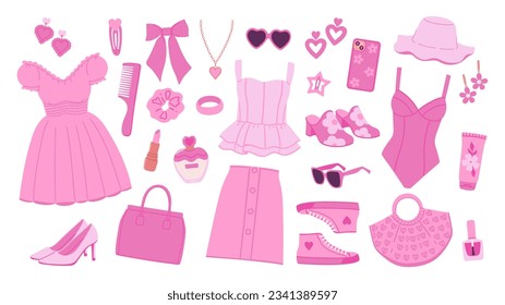 A collection of accessories and clothing in a trendy pink color scheme. Vector graphics.