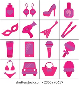 A collection of accessories and clothing in a trendy pink color. Woman accessories icons set. Pink trendy fashion accessories and clothing vector illustration.