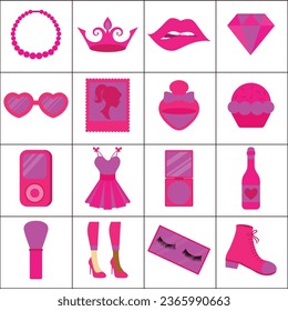 A collection of accessories and clothing in a trendy pink color. Woman accessories icons set. Pink trendy fashion accessories and clothing vector illustration.