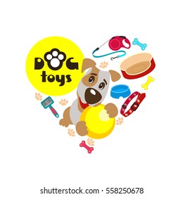 Collection of accessories for dogs, arranged in the shape of a heart. Vector illustration. Products for dogs. Jack Russell Terrier with a ball.