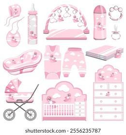 A collection of accessories for a newborn girl in pink tones, a crib,a stroller,toys,a bathtub,a bottle,a pacifier,a chest of drawers,clothes isolated on a white background.Vector set for a small chil