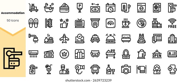 A collection of accommodation-themed icons, including symbols for amenities like beds, room service, and entertainment, in a sleek black design.