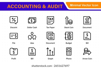 Collection of accounting and audit line icons. Business finance vector pack. Contains icons for tax return, payroll, earnings, income, deductions, ledger, and money management.