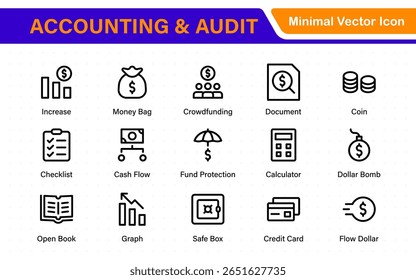 Collection of accounting and audit line icons. Business finance vector pack. Contains icons for tax return, payroll, earnings, income, deductions, ledger, and money management.