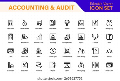 Collection of accounting and audit line icons. Business finance vector pack. Contains icons for tax return, payroll, earnings, income, deductions, ledger, and money management.