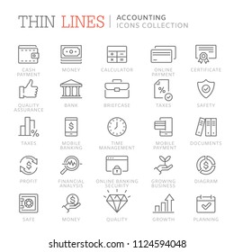 Collection of accounting and bookkeeping thin line icons. Vector eps 8