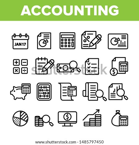 Collection Accounting Elements Vector Icons Set Thin Line. Magnifier With Money Bank Note And Report Or Register List, Coin On Monitor Accounting Linear Pictograms. Monochrome Contour Illustrations