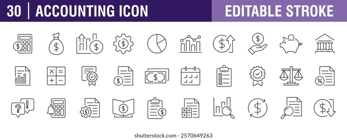 Collection of accounting icons. Financial, business, statement, calculator. Vector design template, signs, symbols, editable stroke.