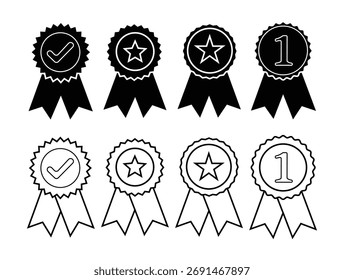 Collection of achievement badge icons checkmarks stars and number one
