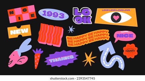 Collection acid patches, stickers,labels, tags in 90s style y2k. Funky hipster groovy retrowave acid shapes	