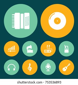 Collection Of Acoustic, Retro Disc, Earphones And Other Elements.  Set Of 10 Melody Icons Set. 
