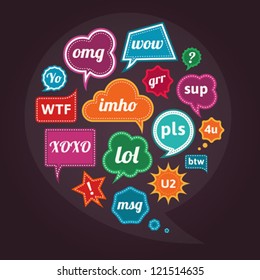 Collection of acronyms and abbreviations on retro vintage colorful speech bubbles