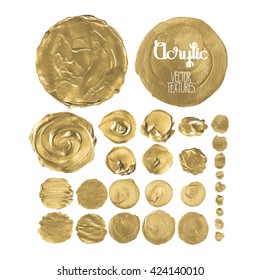 Collection Of Acrylic Circle Textures In Golden Colors. Hand Painted Design Elements Isolated On White Background