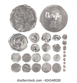 Collection of acrylic circle textures in silver colors. Hand painted design elements isolated on white background