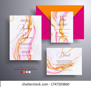 Collection of acrylic wedding invitations with stone pattern. Agate vector cards with marble effect and swirling paints, orange, pink and white colors. Designed for greeting cards, brochures and etc